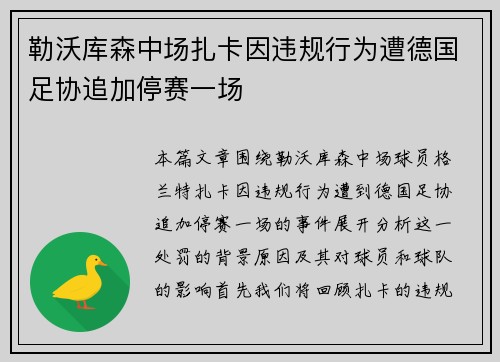勒沃库森中场扎卡因违规行为遭德国足协追加停赛一场