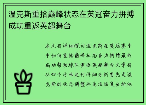 温克斯重拾巅峰状态在英冠奋力拼搏成功重返英超舞台